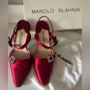 Manolo Blahnik Ruby Red Satin Pointed Slingback Pumps W Crystal Buckles EU 37.5